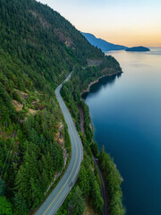 Fototapeta na wymiar Sea to Sky Highway on Pacific Ocean West Coast. Aerial