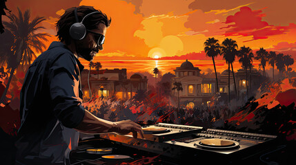 A man with headphones playing a dj set in front of a sunset. Generative AI.