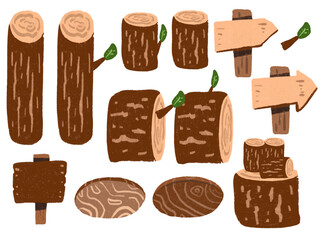 水彩手描き風 木材や木のイラストセット