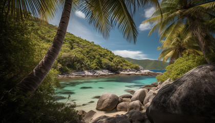 Fototapeta na wymiar Idyllic palm tree coastline, a tropical paradise generated by AI