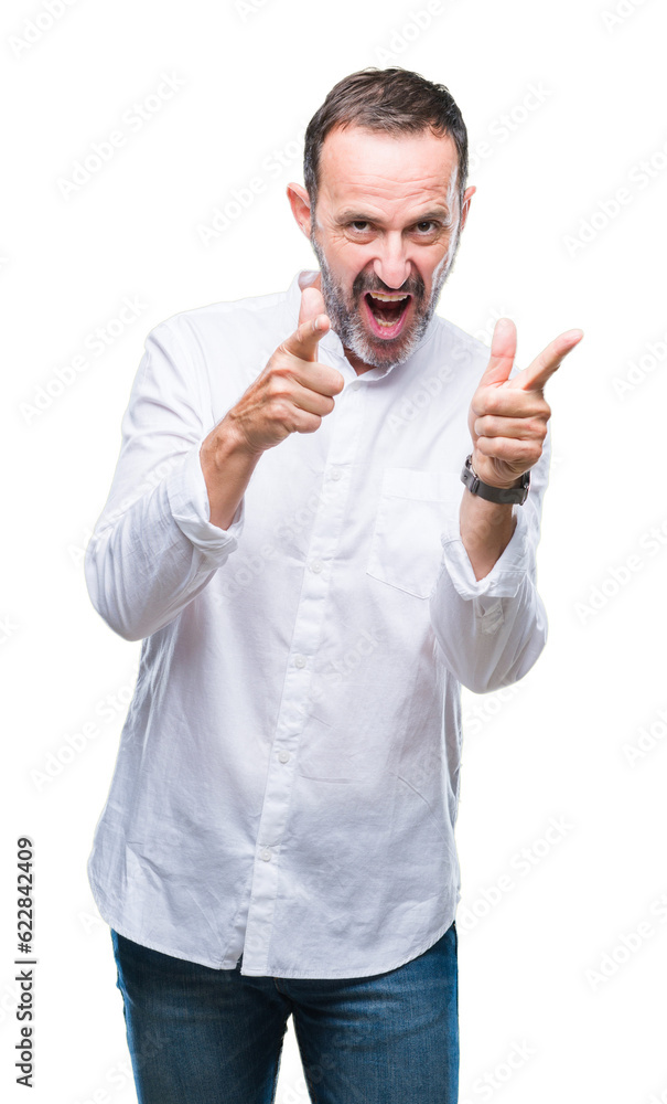 Sticker Middle age hoary senior man over isolated background pointing fingers to camera with happy and funny face. Good energy and vibes.