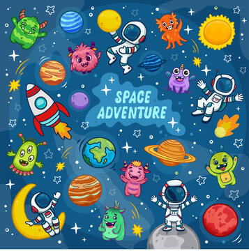 Space for children. Cartoon astronauts in the galaxy. Set of cosmic elements.  Colorful Space Background with cosmonauts, planets, stars, aliens and monsters. Vector illustration