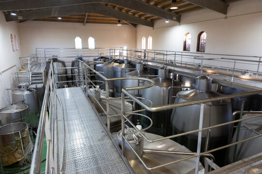 View of department of fermentation with big metal wine reservoirs