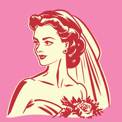 retro cartoon illustration of a beautiful bride