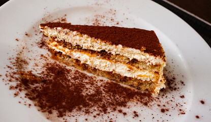 Piece of fresh cake with whipped cream and cocoa on white plate, sweet food