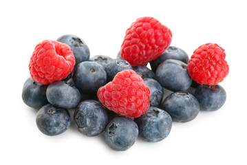 Ripe raspberry and blueberry on white background