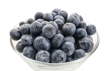 Bowl with ripe fresh blueberry on white background, closeup