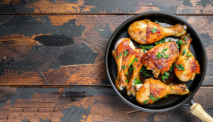 Baked spicy chicken legs with sesame and parsley in cast iron frying pan on dark wooden background top view.