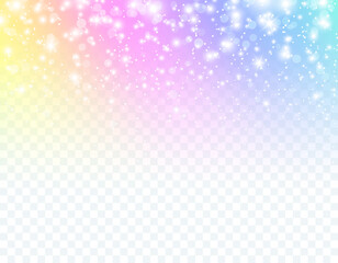 Unicorn gradient isolated on transparent background. Rainbow dream, princess, fantasy or fairy tail overlay texture. Vector magic spectrum border with bokeh light effect, glitter and white stars - obrazy, fototapety, plakaty
