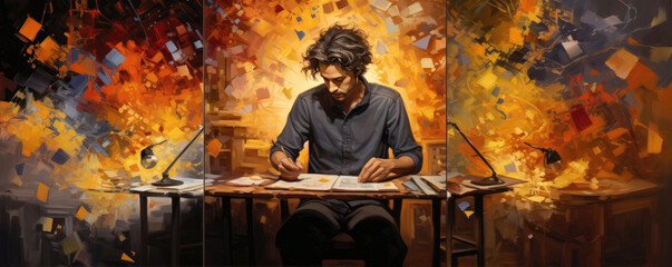 Talented Male Artist Working on a Modern Abstract Oil Painting, copy space for text