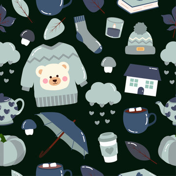 Cartoon seamless pattern with autumn blue cute things on black background
