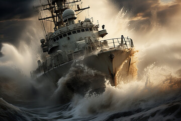 A large boat in the middle of a large body of water. Generative AI.