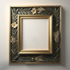 Square golden frame with flowers and leaves on a white background. Ai generative