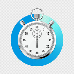 Realistic classic stopwatch. Shiny metal chronometer, time counter with dial. Blue countdown timer showing minutes and seconds. Time measurement for sport, start and finish. Vector illustration