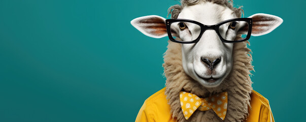 Funny sheep with cool glasses with colored tie.  On blue color ful vivid background.