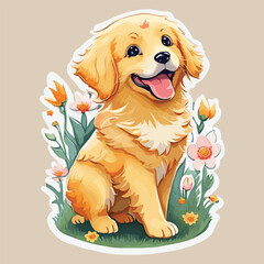Cute Baby Golden Retriever Dog Watercolor Sticker Art Illustration Vector Design