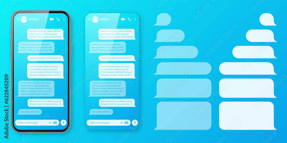 Poster realistic smartphone with messaging app on colorful blue background. blank sms text frame. chat scre