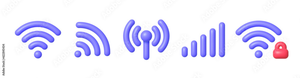 Poster wifi 3d set for web background design. cartoon collection with purple wifi 3d. internet access decor