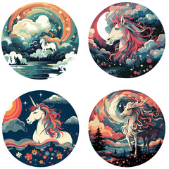 4 Cute unicorn set. Vector illustration invitation, t-shirt and stickers kit.
