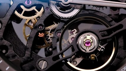 gear drive motion in skeleton watch. Mechanical watches with gears and cogs. Watch or clock mechanism. Clockwork details and parts. Inside watch, mechanical watch in macro view. Macro Shot Clock Face