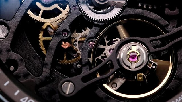 Gear drive motion in skeleton watch. Mechanical watches with gears and cogs. Watch or clock mechanism. Clockwork details and parts. Inside watch, mechanical watch in macro view.Macro Shot Clock Face
