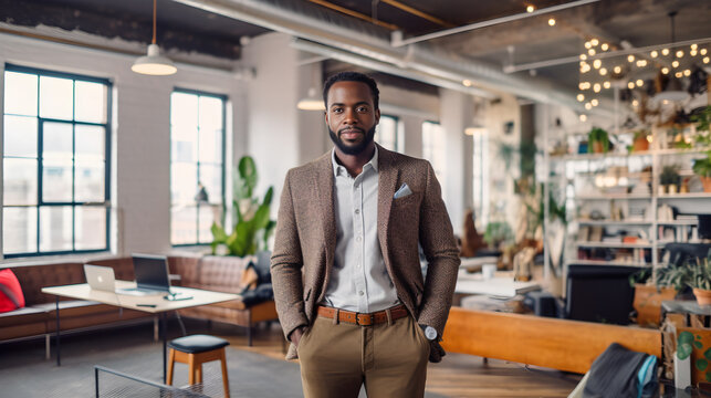 young african american businessman standing in an office - generative AI