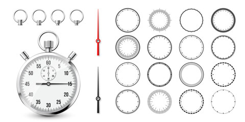 Classic stopwatch with clock faces. Shiny metal chronometer, time counter with dial. Countdown timer showing minutes and seconds. Time measurement for sport, start and finish. Vector illustration