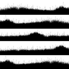 Meadow silhouettes with grass, plants on plain. Panoramic summer lawn landscape with herbs, various weeds. Herbal border, frame element. Black horizontal banners. Vector illustration