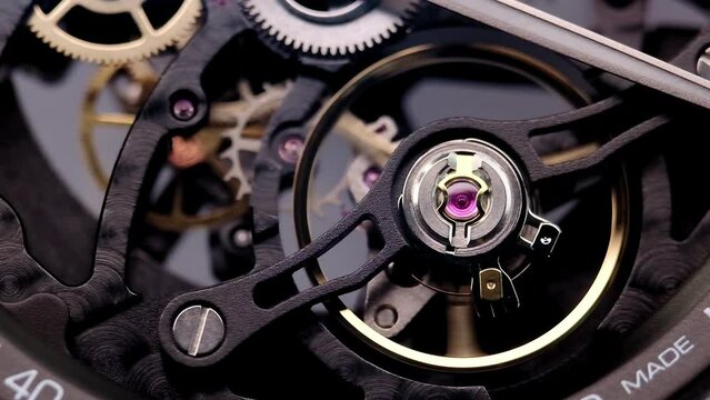 Gear drive motion in skeleton watch. Mechanical watches with gears and cogs. Watch or clock mechanism. Clockwork details and parts. Inside watch, mechanical watch in macro view.Macro Shot Clock Face