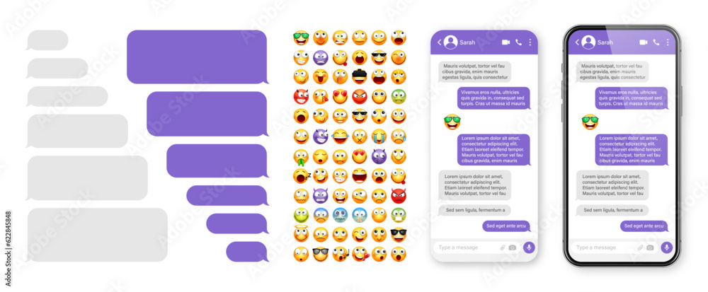 Wall mural Smartphone messaging app, user interface design with emoji. SMS text frame. Chat screen with violet message bubbles. Texting app for communication. Social media application. Vector illustration