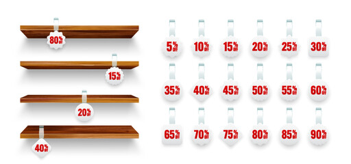 Obraz premium Store shelves with supermarket promotional wobblers. Wooden product shelf and advertising wobbler with percent discount. Grocery wall rack. Sale label, special offer price tag. Vector illustration