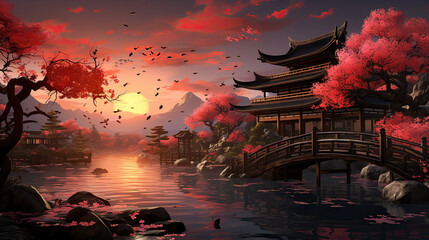 A painting of a bridge over a body of water. Generative AI.