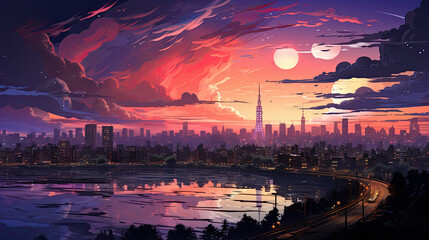 Fototapeta premium A painting of a sunset over a city. Generative AI.