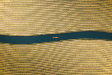 Aerial view of a canoe and tulips fields, Noordwijkerhout, Netherlands.