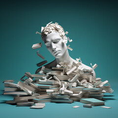 A mannequin of a man with books in shades of blue, green and grey. A surreal composition about education, reading, knowledge and studying. One peaceful mind, for book lovers. Generative AI. - obrazy, fototapety, plakaty