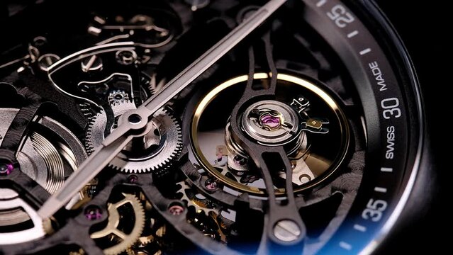 gear drive motion in skeleton watch. Mechanical watches with gears and cogs. Watch or clock mechanism. Clockwork details and parts. Inside watch, mechanical watch in macro view. Macro Shot Clock Face