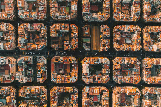 Aerial view of the Eixample buildings in Barcelona, Spain.