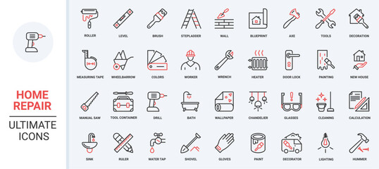 Home repair and decoration red black thin line icons set vector illustration. House renovation pictogram collection with wall paint roller, brush and hammer, level and drill tools for builders work.