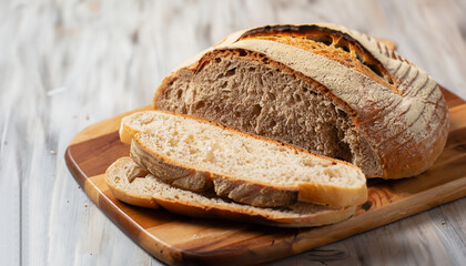 Wooden board with tasty cut bread. selective focus