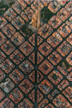 Aerial view of the Sagrada Familia, Barcelona, Spain.