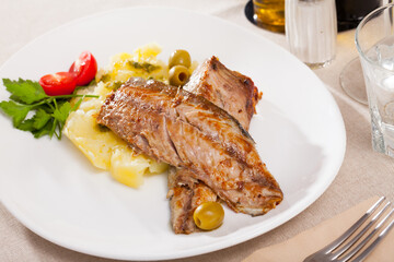 Fried mackerel fillets with mashed potatoes. High quality photo