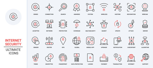 Cybersecurity system, hosting on server, accepted secure wireless connection global GPS, data update protection with shield. Online security trendy red black thin line icons set vector illustration.