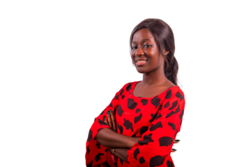 Attractive African girl with folded arms wearing a dress, model isolated on transparent background