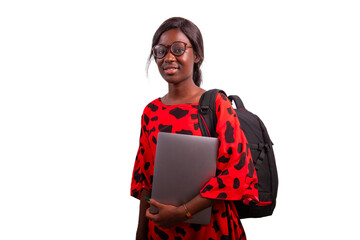 African female student wearing backpack and holding her laptop, photo with transparent background