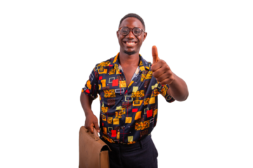 African businessman with briefcase smiles and gives thumbs up