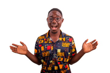 African young businessman with surprised expression, mockup isolated on transparent background