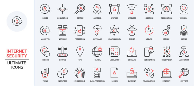 Cybersecurity system, hosting on server, accepted secure wireless connection global GPS, data update protection with shield. Online security trendy red black thin line icons set vector illustration.