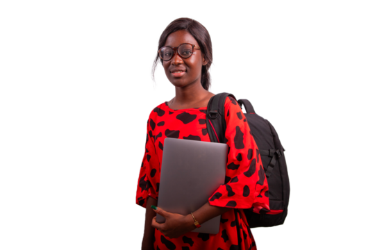 African female student wearing backpack and holding her laptop, photo with transparent background