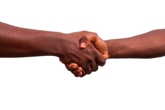 Handshake between two African people, hands isolated on transparent background