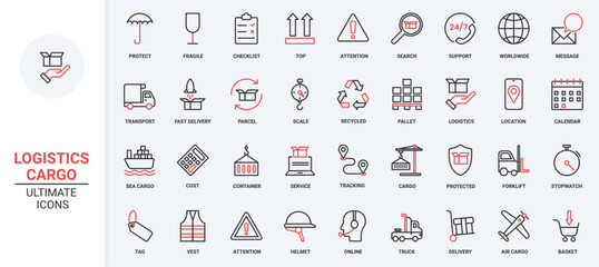 Truck, ship for fast shipment of freight parcels, crane forklift, umbrella shield. Worldwide delivery support service, logistics and transport trendy red black thin line icons set vector illustration. - obrazy, fototapety, plakaty